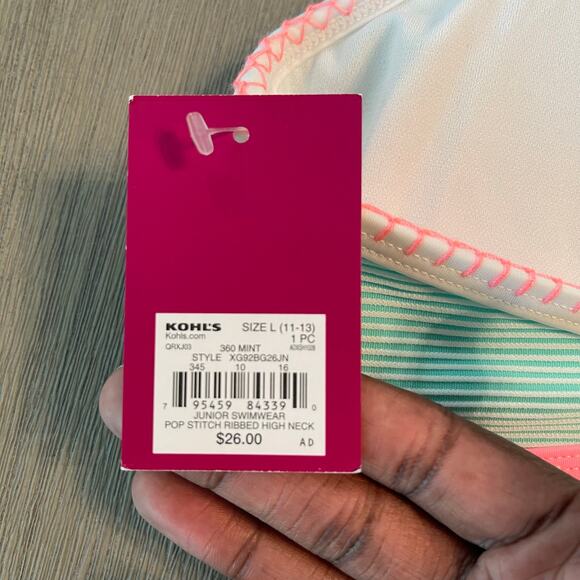 SO Juniors Pop Stitch Ribbed High Neck Swim Bikini Top 360 Mint Size M (7-9) - Picture 7 of 9